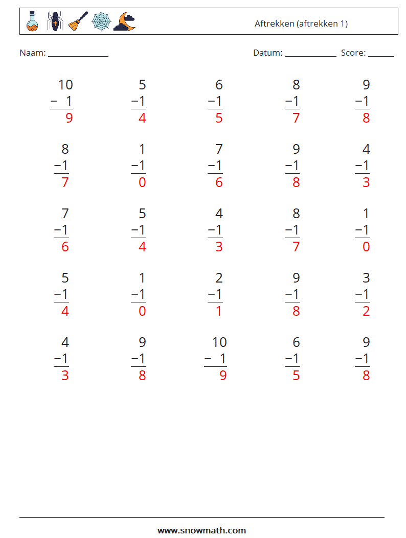 (25) Aftrekken (aftrekken 1) Wiskundige werkbladen 9 Vraag, Antwoord