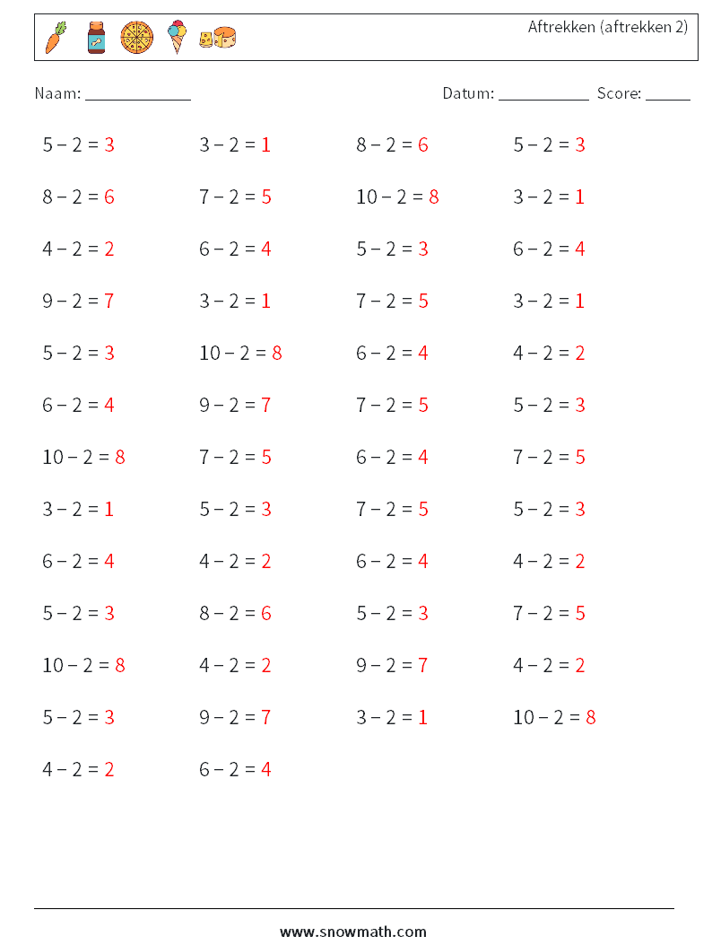 (50) Aftrekken (aftrekken 2) Wiskundige werkbladen 1 Vraag, Antwoord