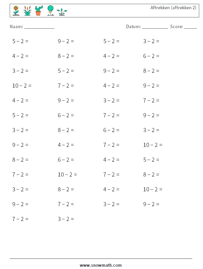 (50) Aftrekken (aftrekken 2) Wiskundige werkbladen 2