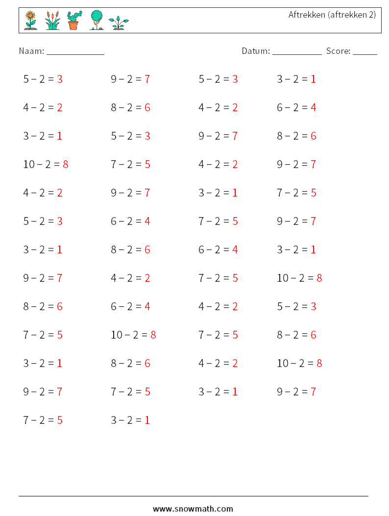 (50) Aftrekken (aftrekken 2) Wiskundige werkbladen 2 Vraag, Antwoord