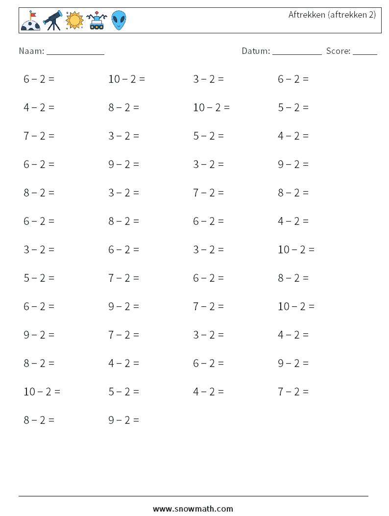 (50) Aftrekken (aftrekken 2) Wiskundige werkbladen 3