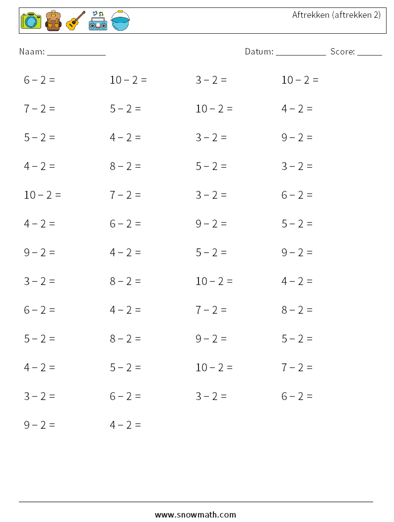 (50) Aftrekken (aftrekken 2) Wiskundige werkbladen 4