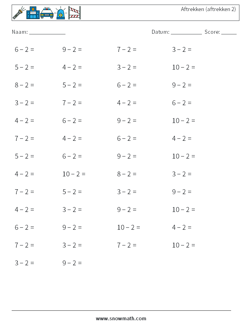 (50) Aftrekken (aftrekken 2) Wiskundige werkbladen 5