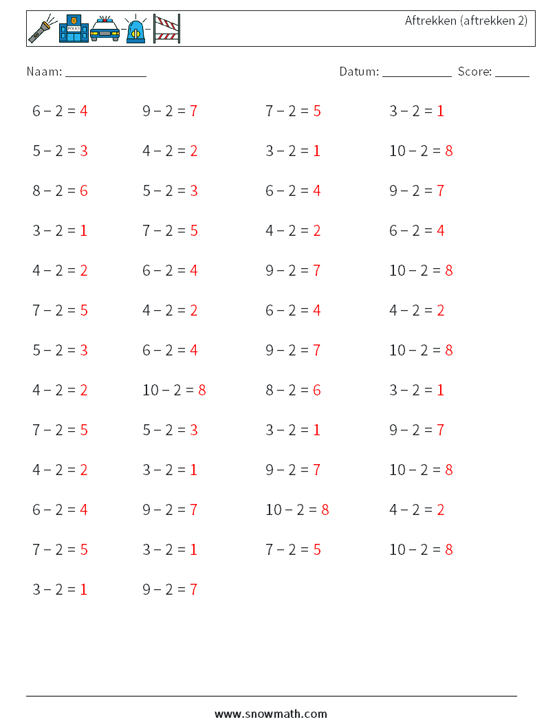 (50) Aftrekken (aftrekken 2) Wiskundige werkbladen 5 Vraag, Antwoord