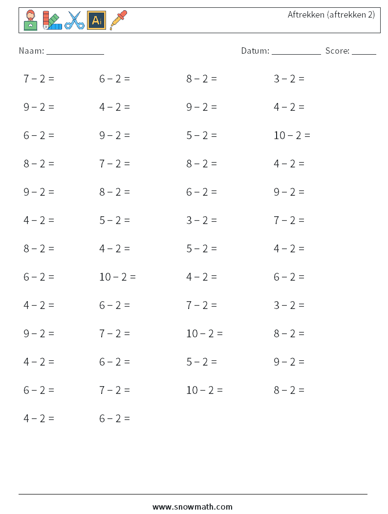 (50) Aftrekken (aftrekken 2) Wiskundige werkbladen 6