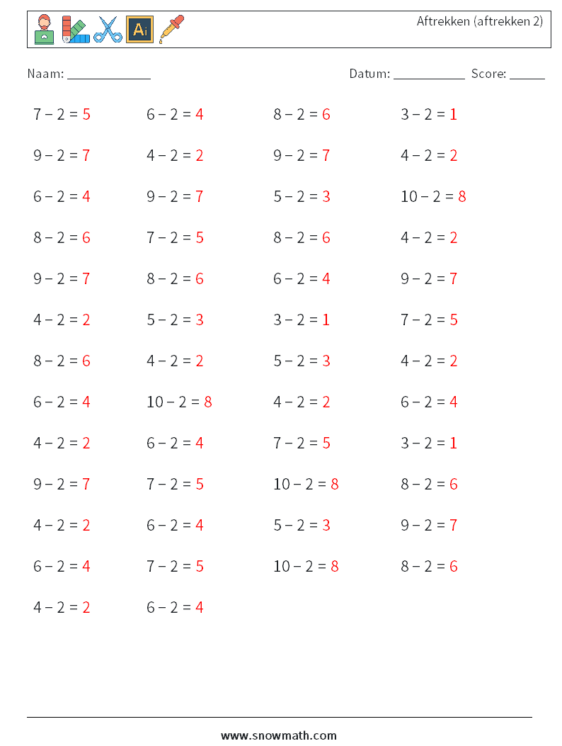 (50) Aftrekken (aftrekken 2) Wiskundige werkbladen 6 Vraag, Antwoord