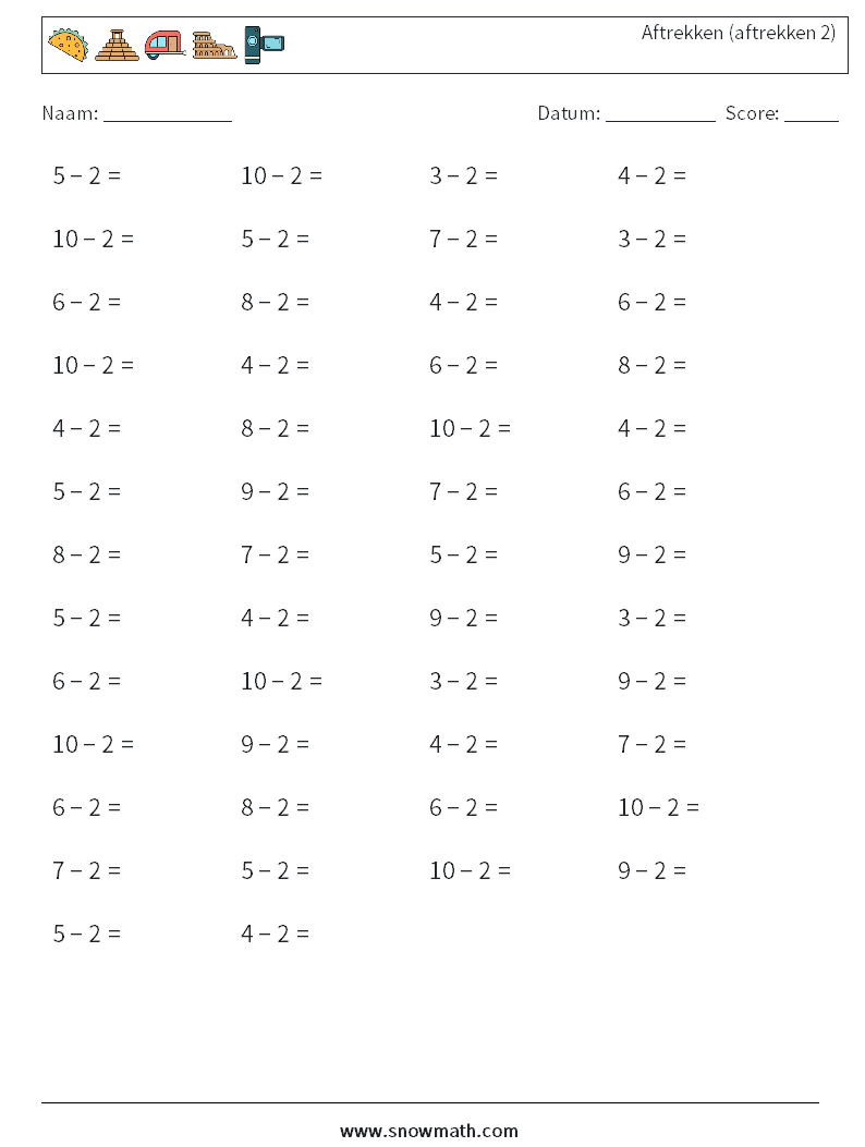 (50) Aftrekken (aftrekken 2) Wiskundige werkbladen 7