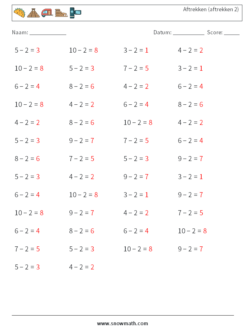 (50) Aftrekken (aftrekken 2) Wiskundige werkbladen 7 Vraag, Antwoord