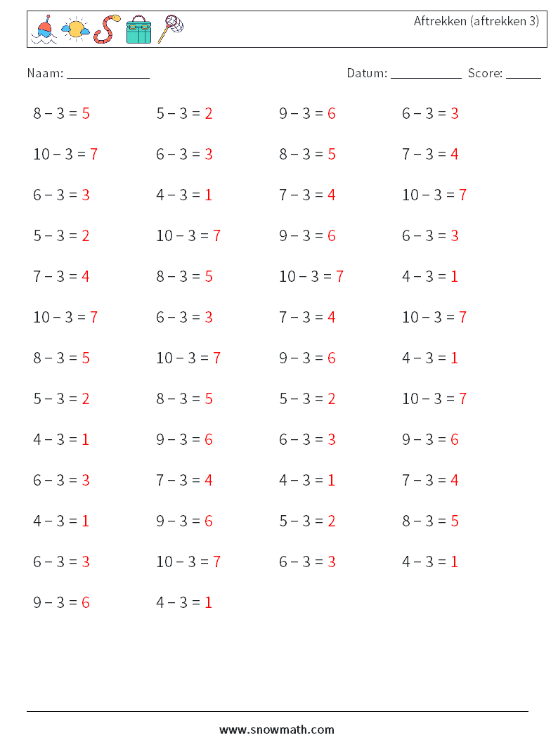 (50) Aftrekken (aftrekken 3) Wiskundige werkbladen 1 Vraag, Antwoord