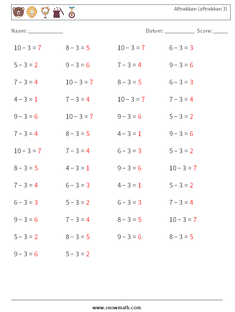 (50) Aftrekken (aftrekken 3) Wiskundige werkbladen 2 Vraag, Antwoord