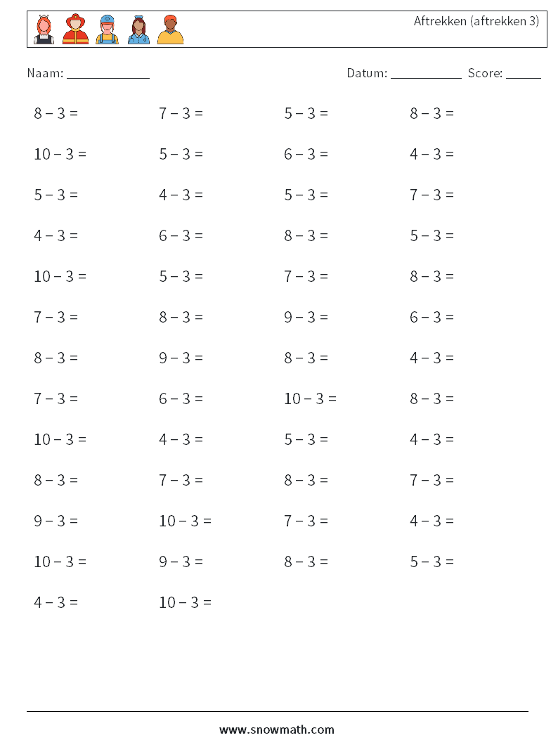 (50) Aftrekken (aftrekken 3) Wiskundige werkbladen 4