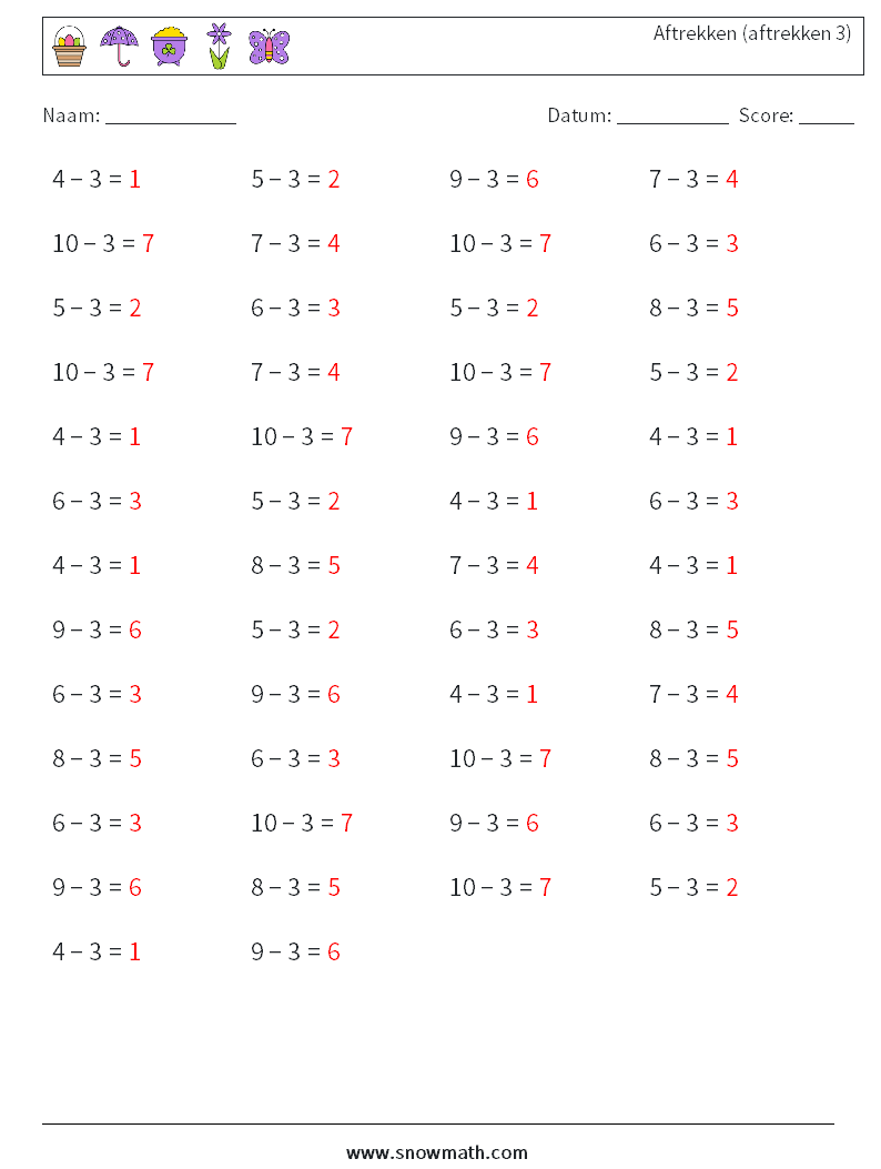 (50) Aftrekken (aftrekken 3) Wiskundige werkbladen 5 Vraag, Antwoord