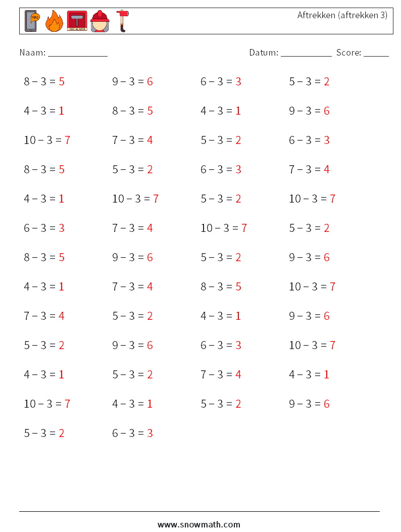 (50) Aftrekken (aftrekken 3) Wiskundige werkbladen 6 Vraag, Antwoord