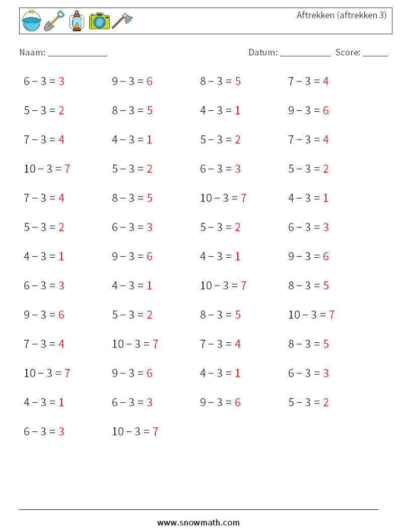 (50) Aftrekken (aftrekken 3) Wiskundige werkbladen 7 Vraag, Antwoord