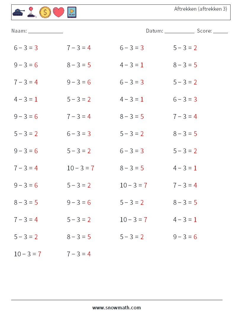 (50) Aftrekken (aftrekken 3) Wiskundige werkbladen 9 Vraag, Antwoord