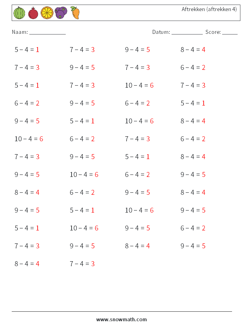 (50) Aftrekken (aftrekken 4) Wiskundige werkbladen 1 Vraag, Antwoord