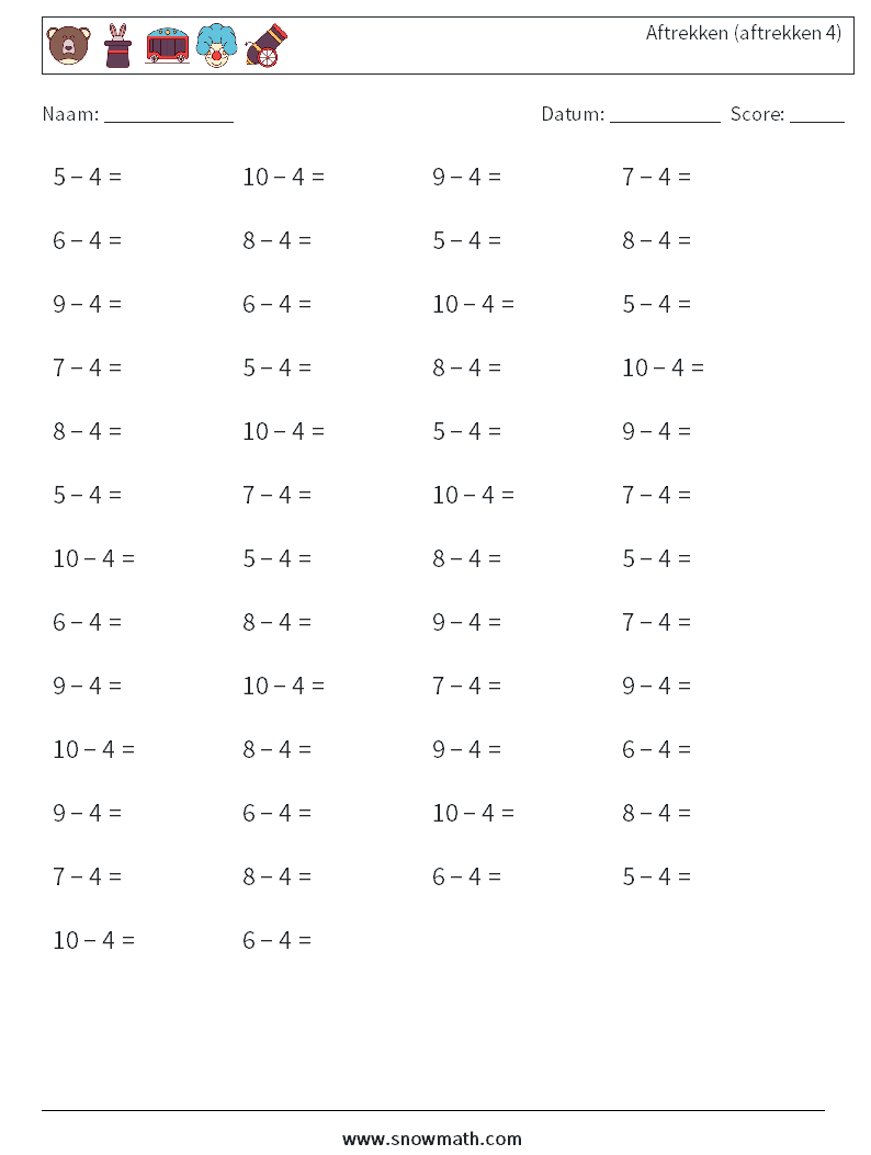 (50) Aftrekken (aftrekken 4) Wiskundige werkbladen 2