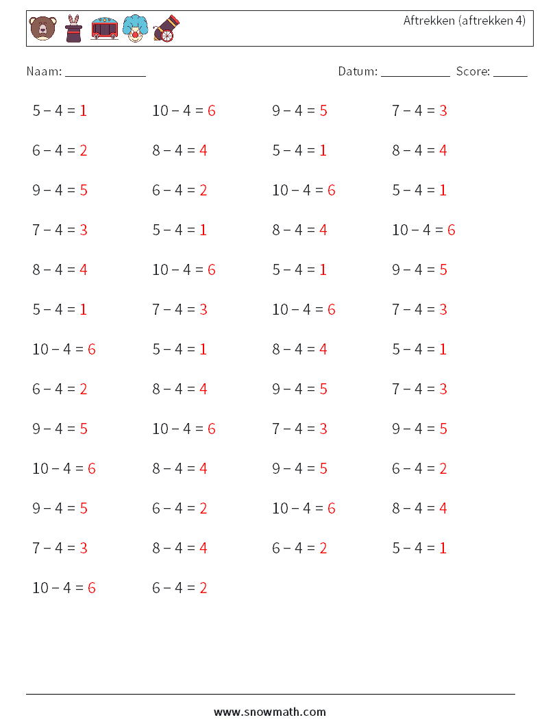 (50) Aftrekken (aftrekken 4) Wiskundige werkbladen 2 Vraag, Antwoord