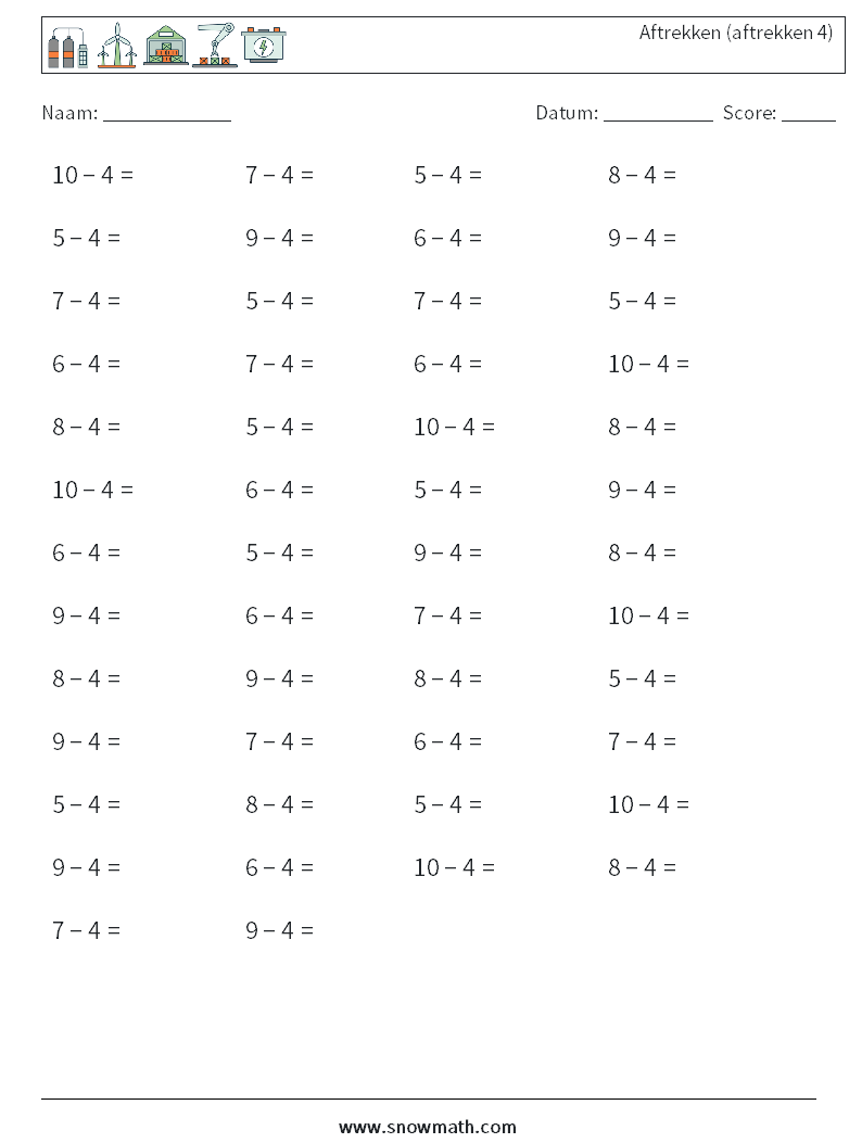 (50) Aftrekken (aftrekken 4) Wiskundige werkbladen 3