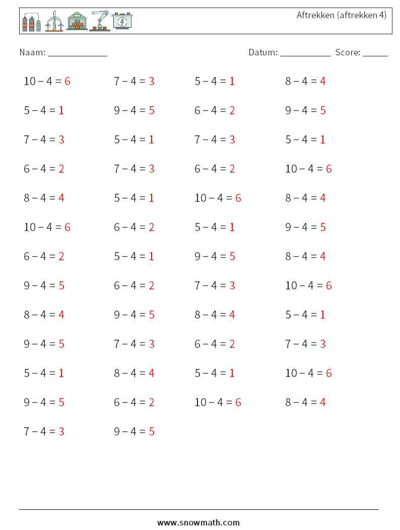 (50) Aftrekken (aftrekken 4) Wiskundige werkbladen 3 Vraag, Antwoord