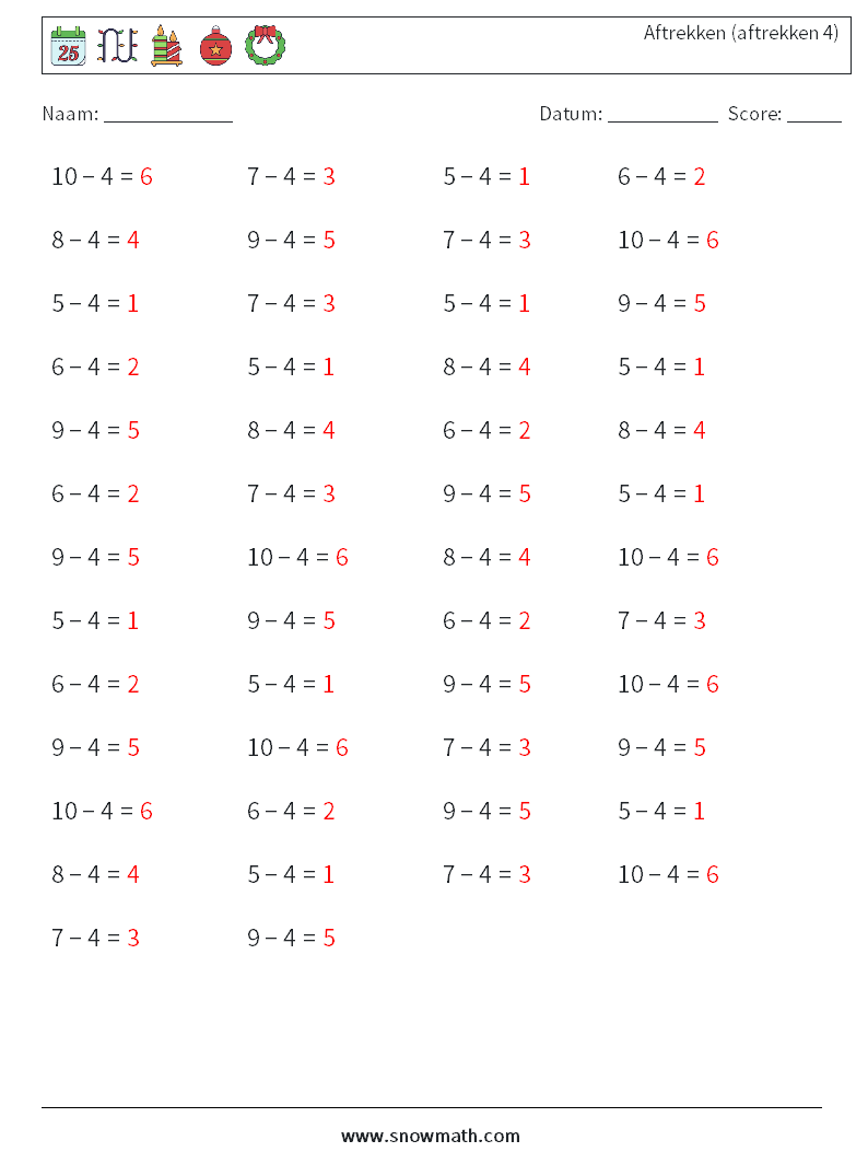 (50) Aftrekken (aftrekken 4) Wiskundige werkbladen 5 Vraag, Antwoord