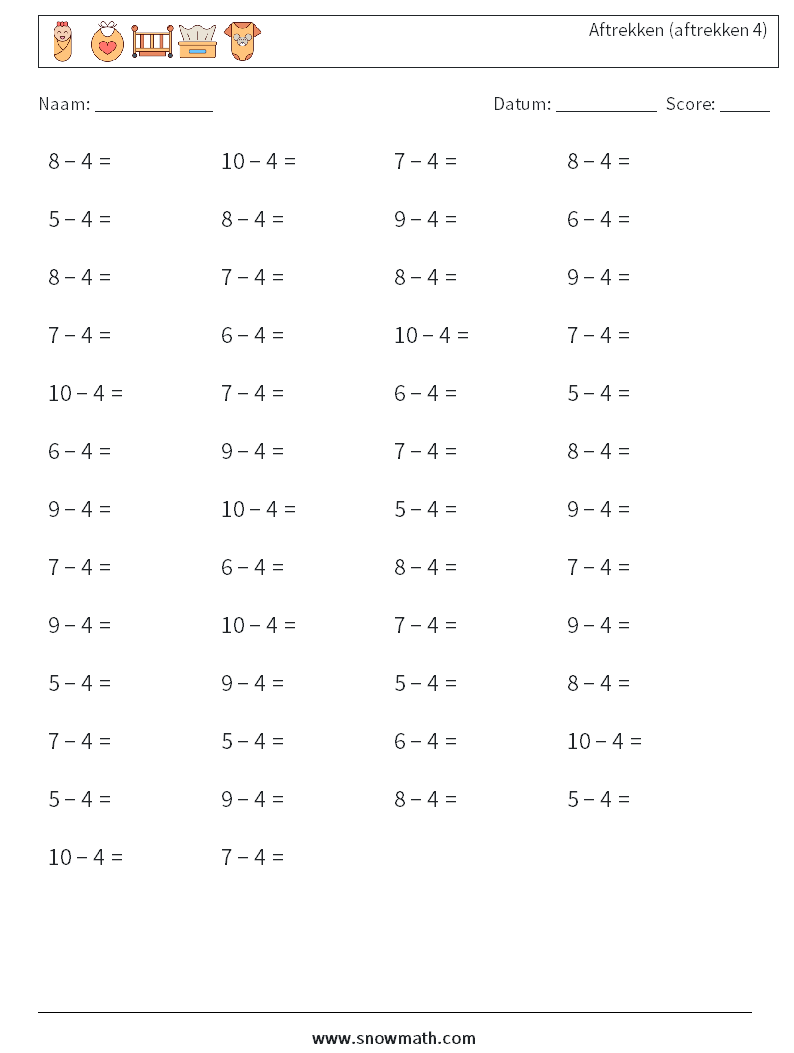 (50) Aftrekken (aftrekken 4) Wiskundige werkbladen 7