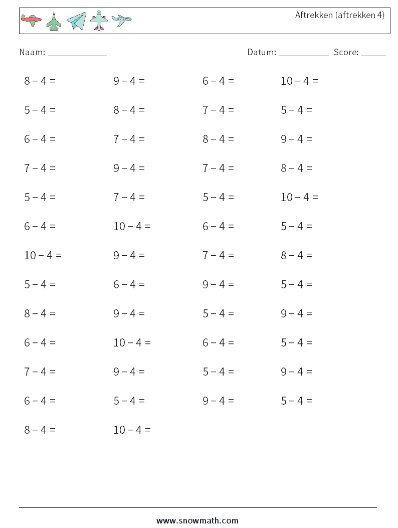 (50) Aftrekken (aftrekken 4) Wiskundige werkbladen 8