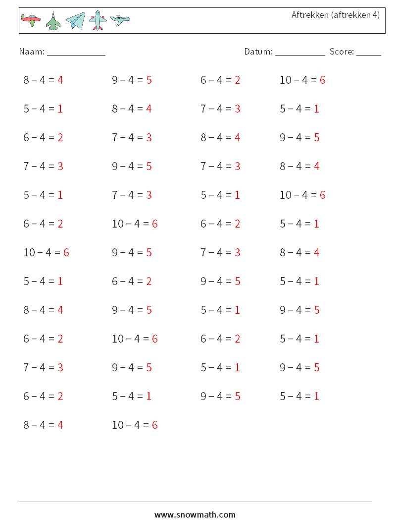 (50) Aftrekken (aftrekken 4) Wiskundige werkbladen 8 Vraag, Antwoord