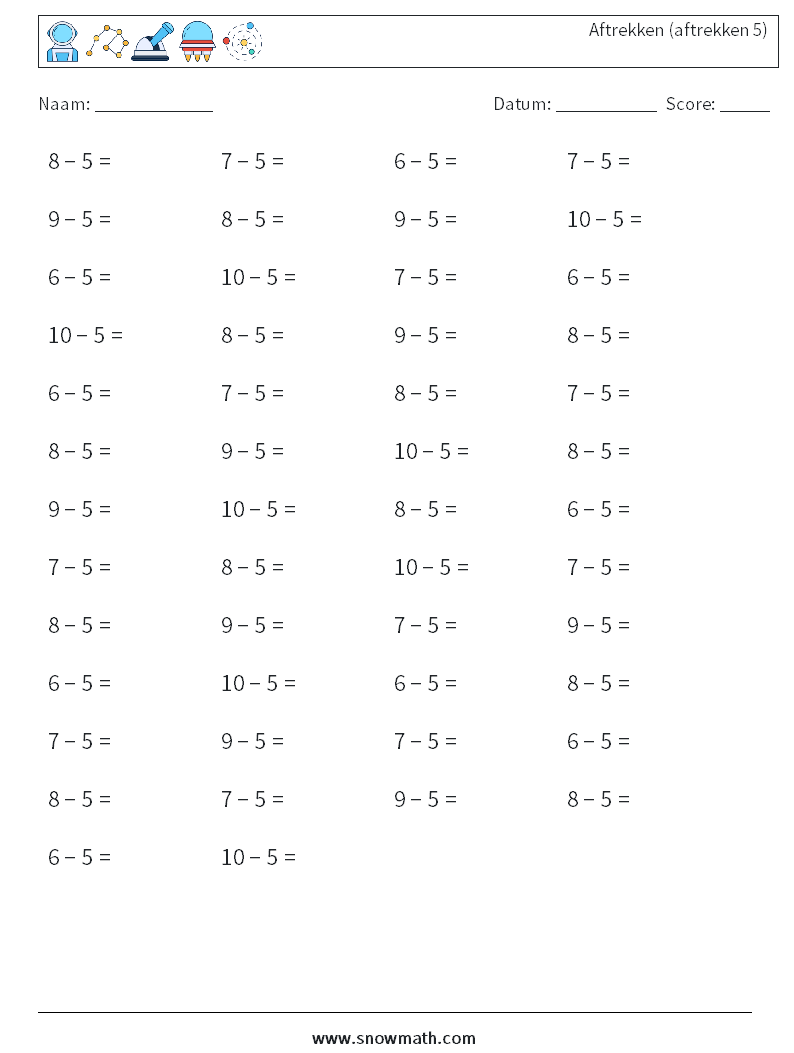 (50) Aftrekken (aftrekken 5) Wiskundige werkbladen 2