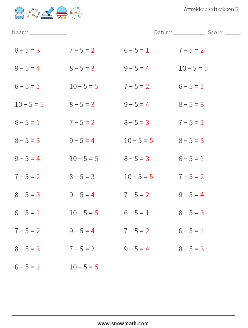 (50) Aftrekken (aftrekken 5) Wiskundige werkbladen 2 Vraag, Antwoord