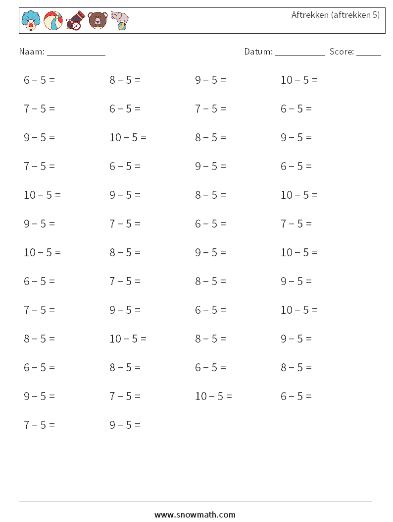 (50) Aftrekken (aftrekken 5) Wiskundige werkbladen 4