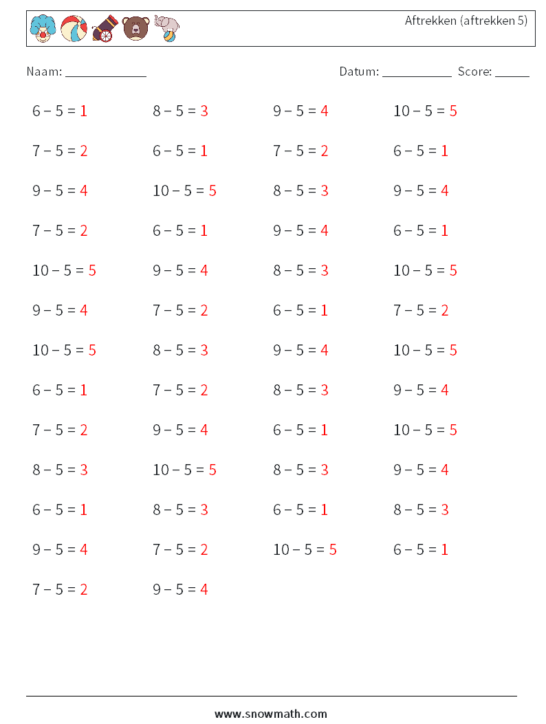 (50) Aftrekken (aftrekken 5) Wiskundige werkbladen 4 Vraag, Antwoord