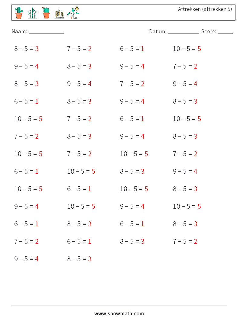 (50) Aftrekken (aftrekken 5) Wiskundige werkbladen 6 Vraag, Antwoord