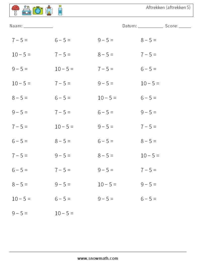 (50) Aftrekken (aftrekken 5) Wiskundige werkbladen 7