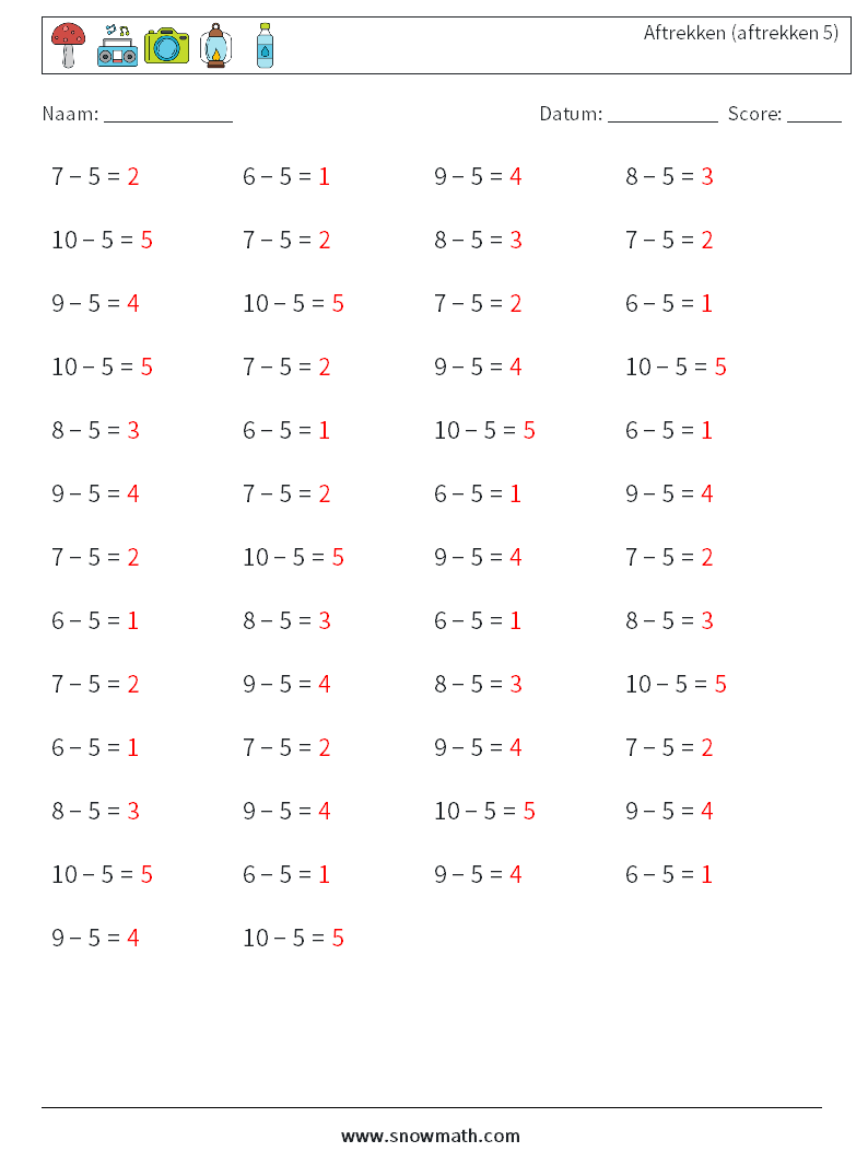 (50) Aftrekken (aftrekken 5) Wiskundige werkbladen 7 Vraag, Antwoord