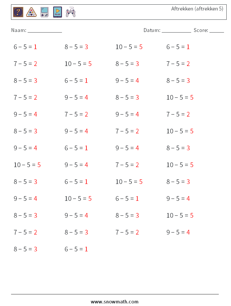 (50) Aftrekken (aftrekken 5) Wiskundige werkbladen 8 Vraag, Antwoord