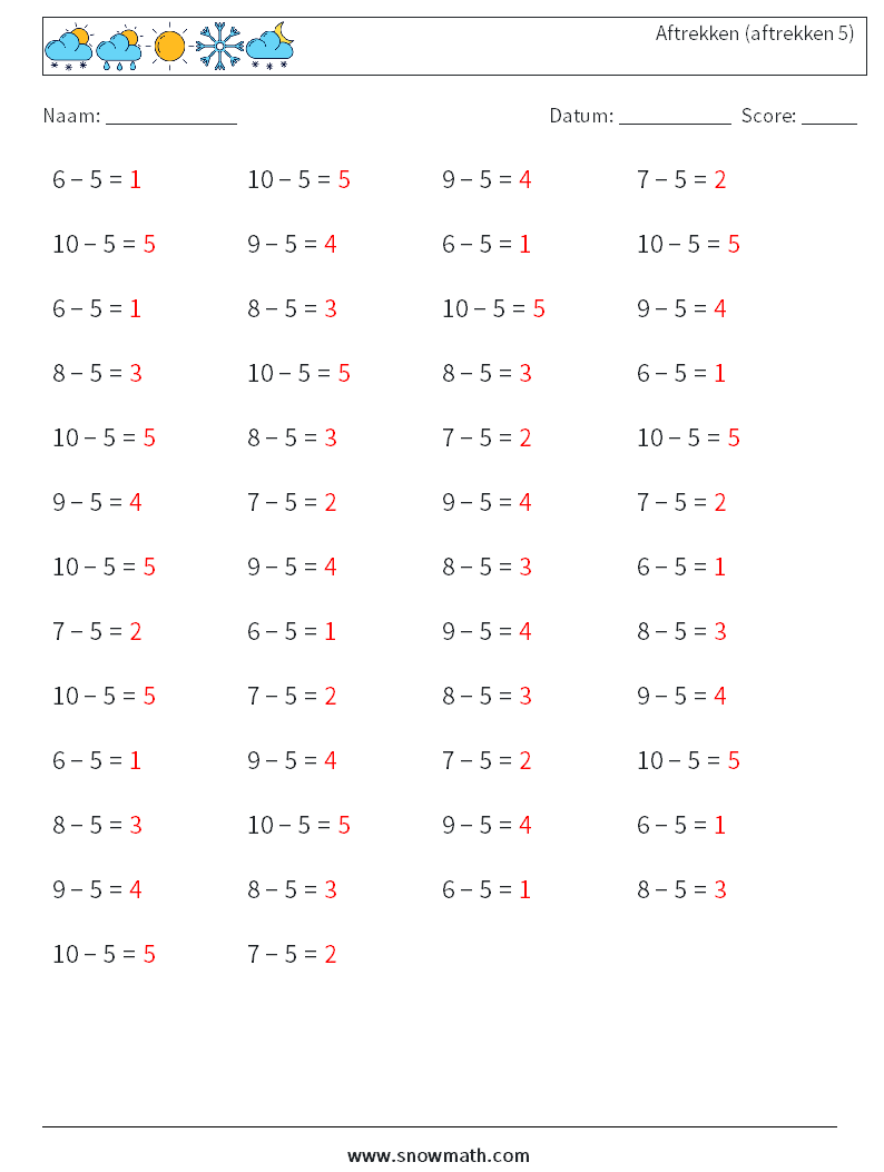 (50) Aftrekken (aftrekken 5) Wiskundige werkbladen 9 Vraag, Antwoord