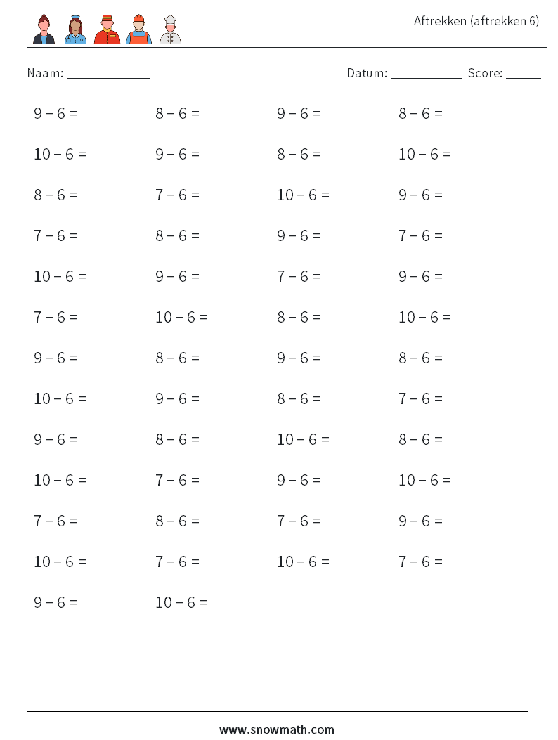 (50) Aftrekken (aftrekken 6) Wiskundige werkbladen 1