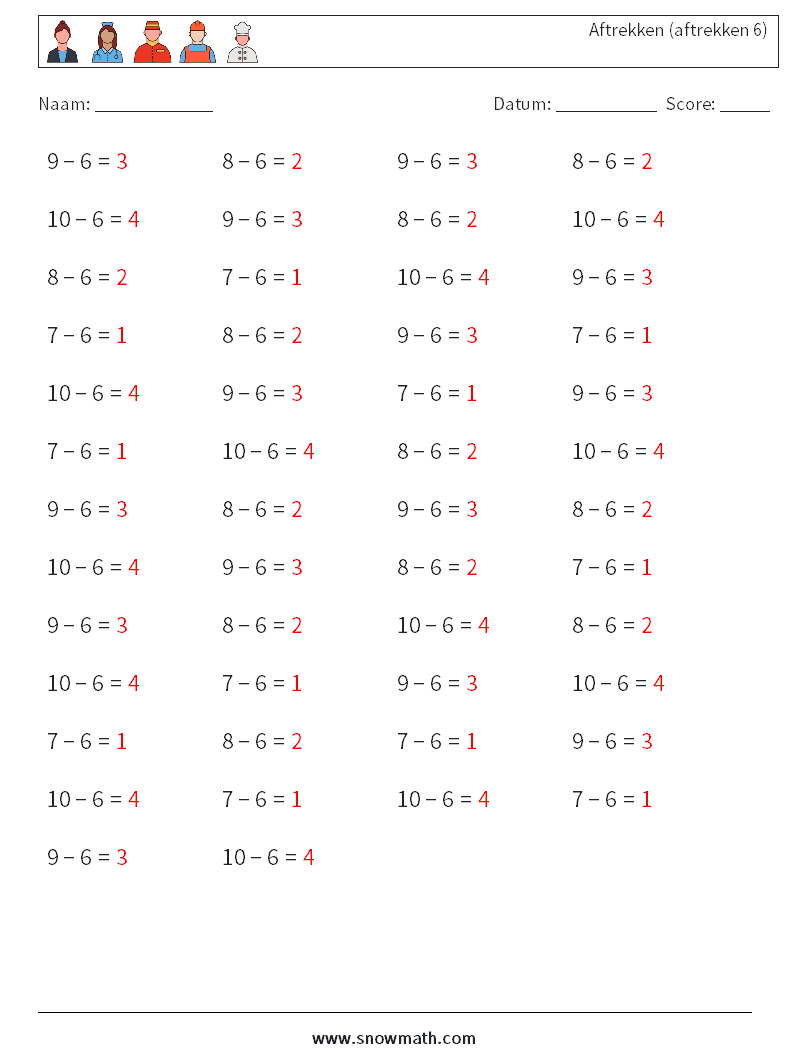(50) Aftrekken (aftrekken 6) Wiskundige werkbladen 1 Vraag, Antwoord