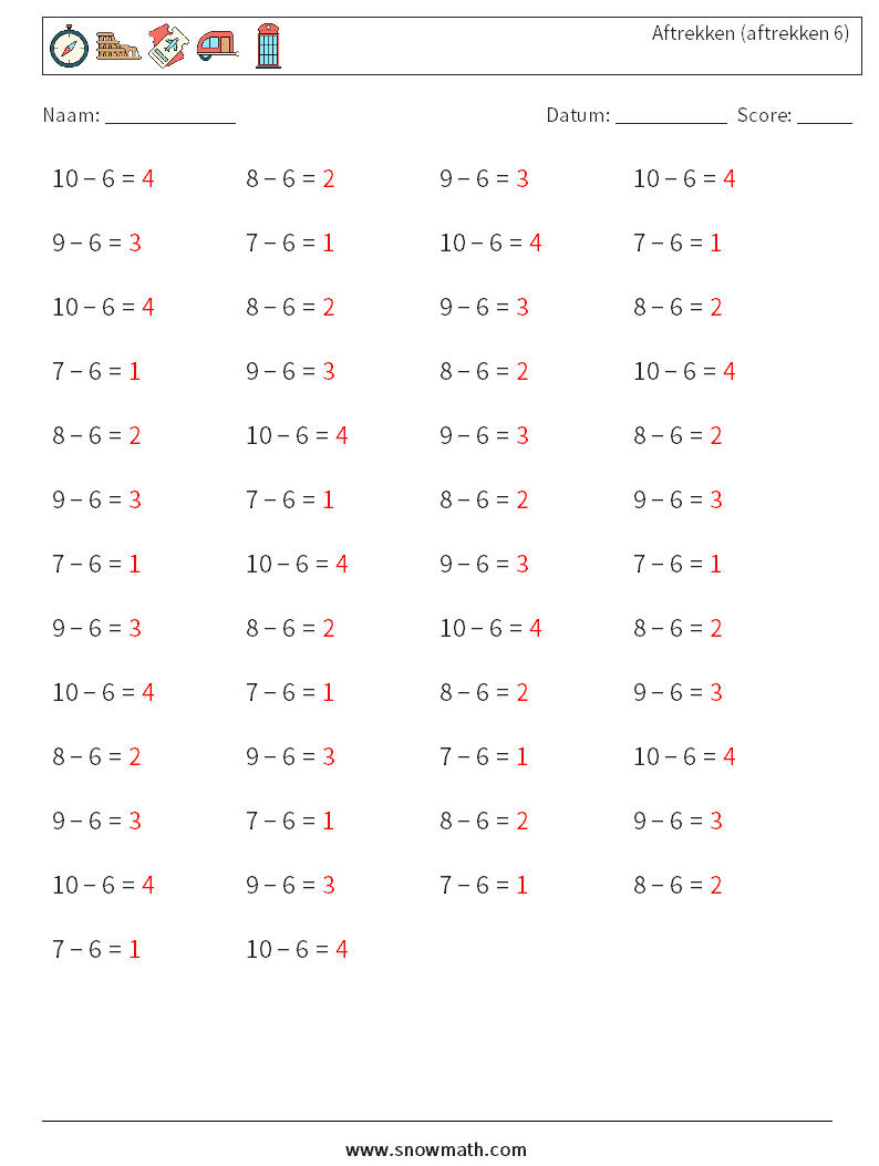 (50) Aftrekken (aftrekken 6) Wiskundige werkbladen 2 Vraag, Antwoord