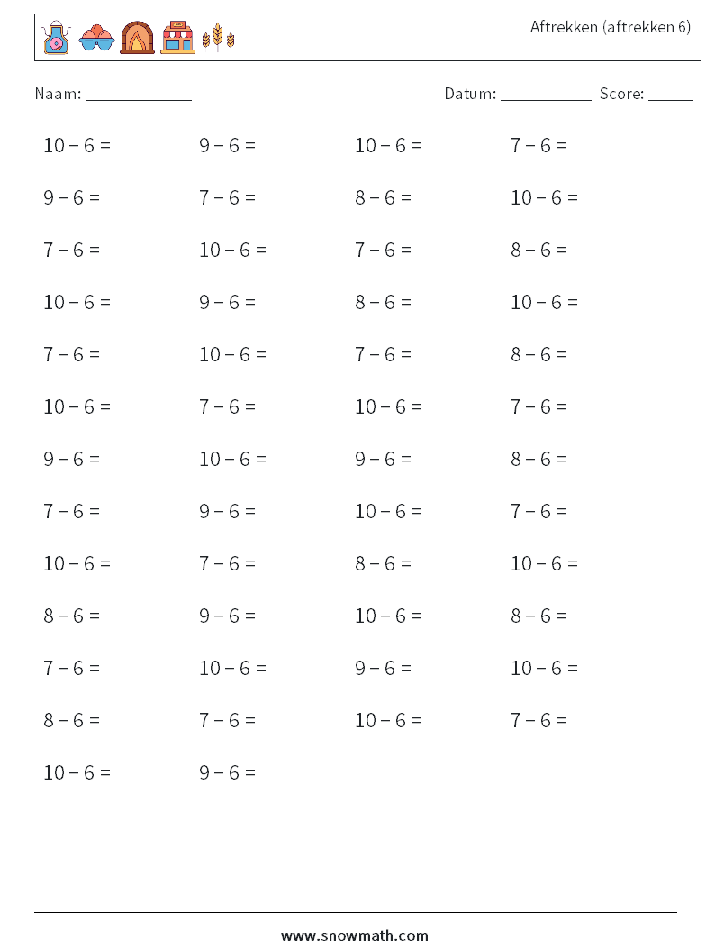 (50) Aftrekken (aftrekken 6) Wiskundige werkbladen 3