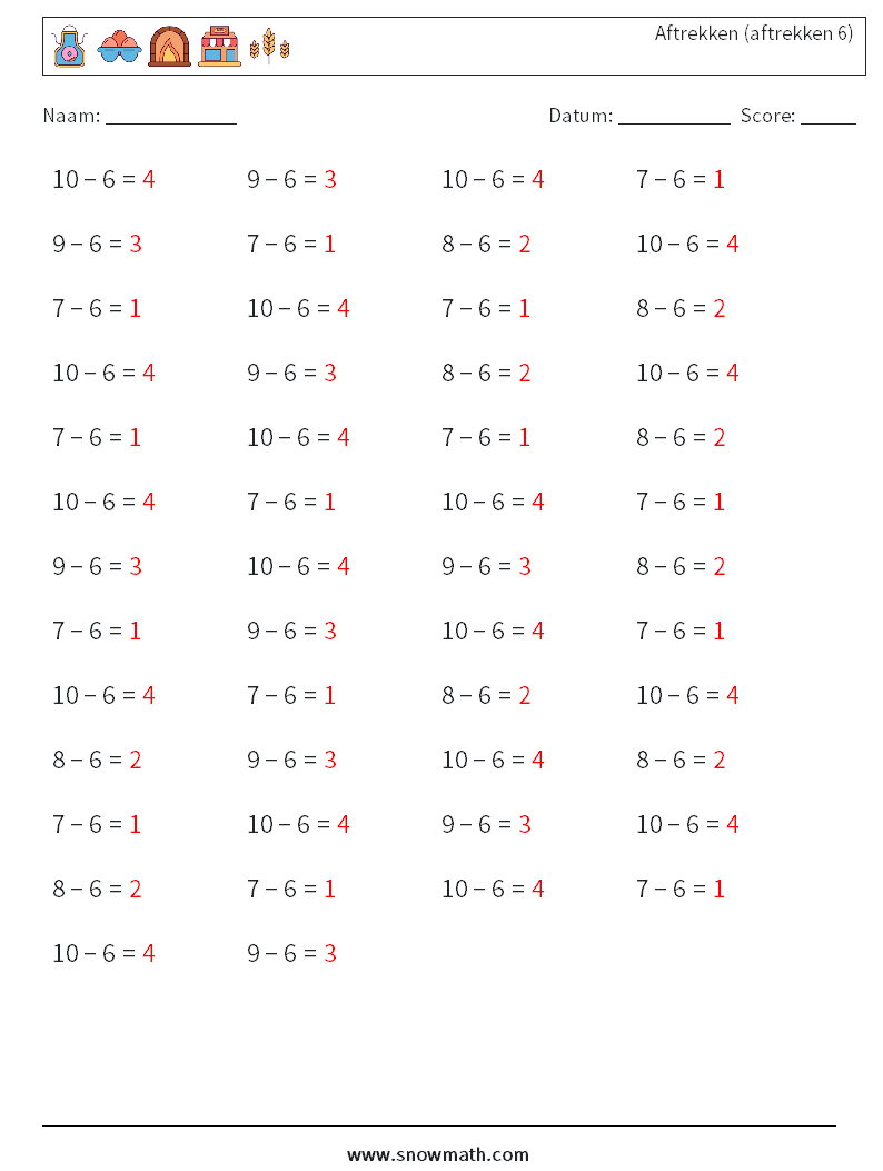(50) Aftrekken (aftrekken 6) Wiskundige werkbladen 3 Vraag, Antwoord