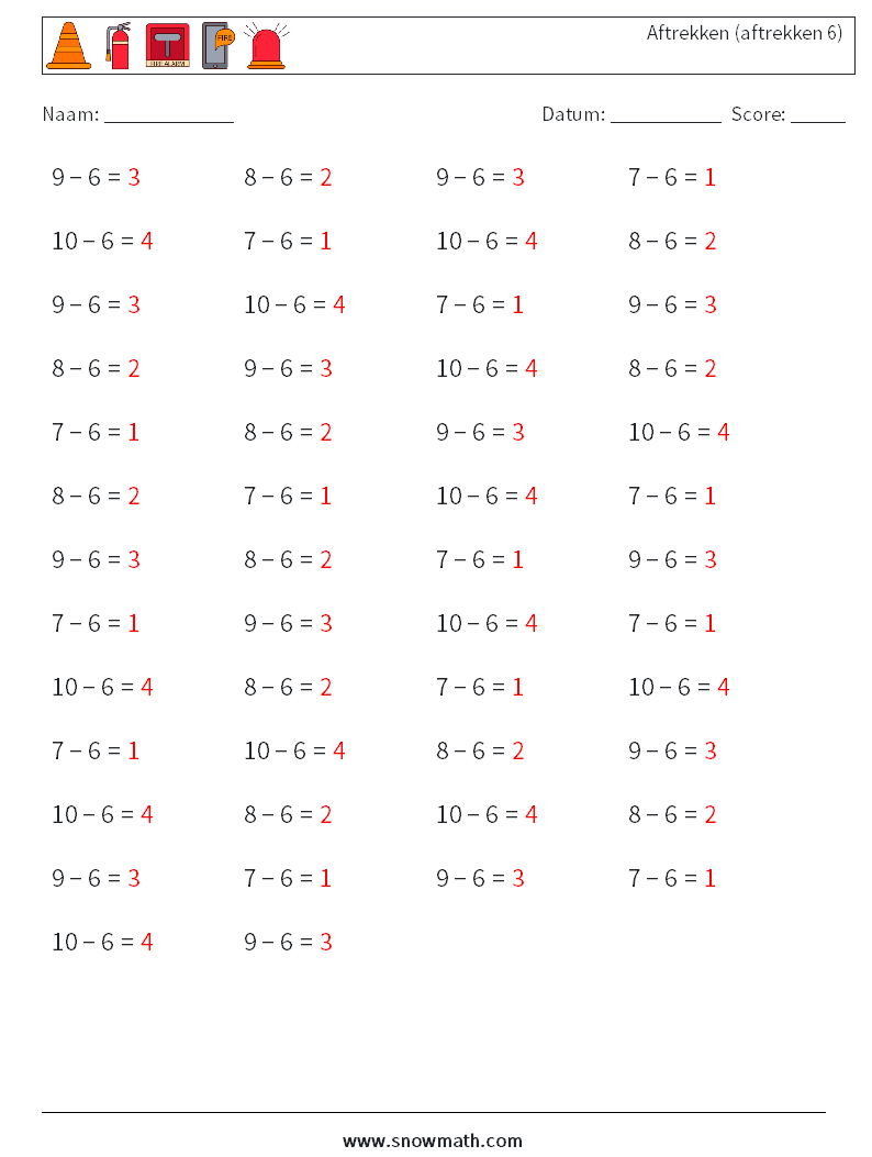 (50) Aftrekken (aftrekken 6) Wiskundige werkbladen 4 Vraag, Antwoord