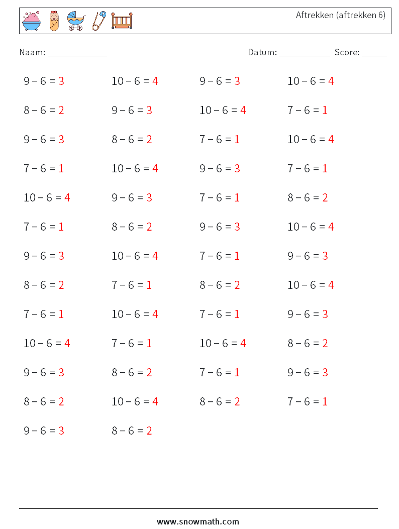 (50) Aftrekken (aftrekken 6) Wiskundige werkbladen 5 Vraag, Antwoord