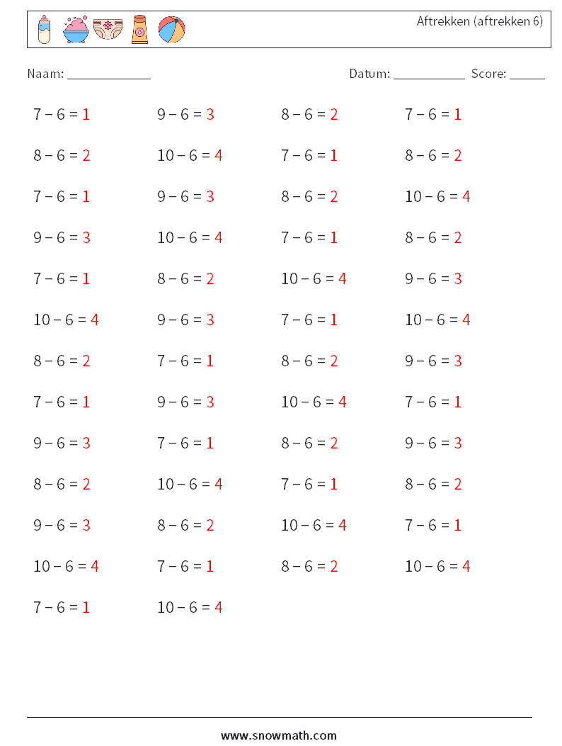 (50) Aftrekken (aftrekken 6) Wiskundige werkbladen 6 Vraag, Antwoord