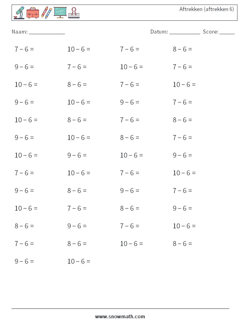 (50) Aftrekken (aftrekken 6) Wiskundige werkbladen 9