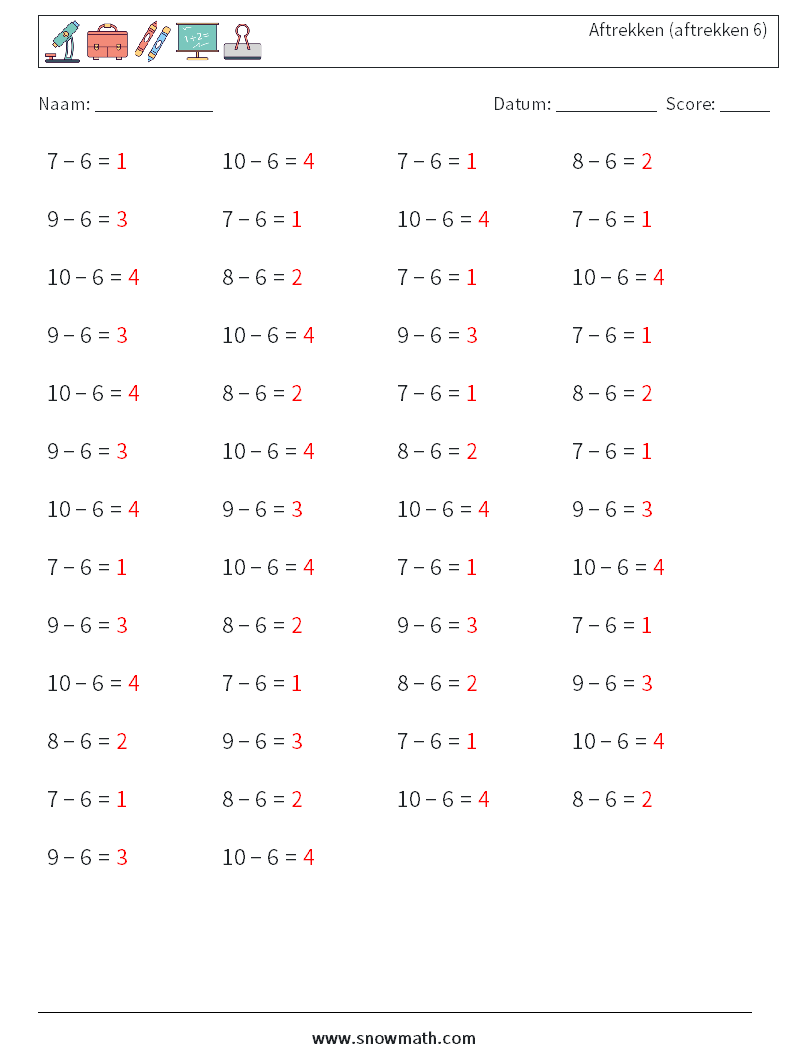 (50) Aftrekken (aftrekken 6) Wiskundige werkbladen 9 Vraag, Antwoord