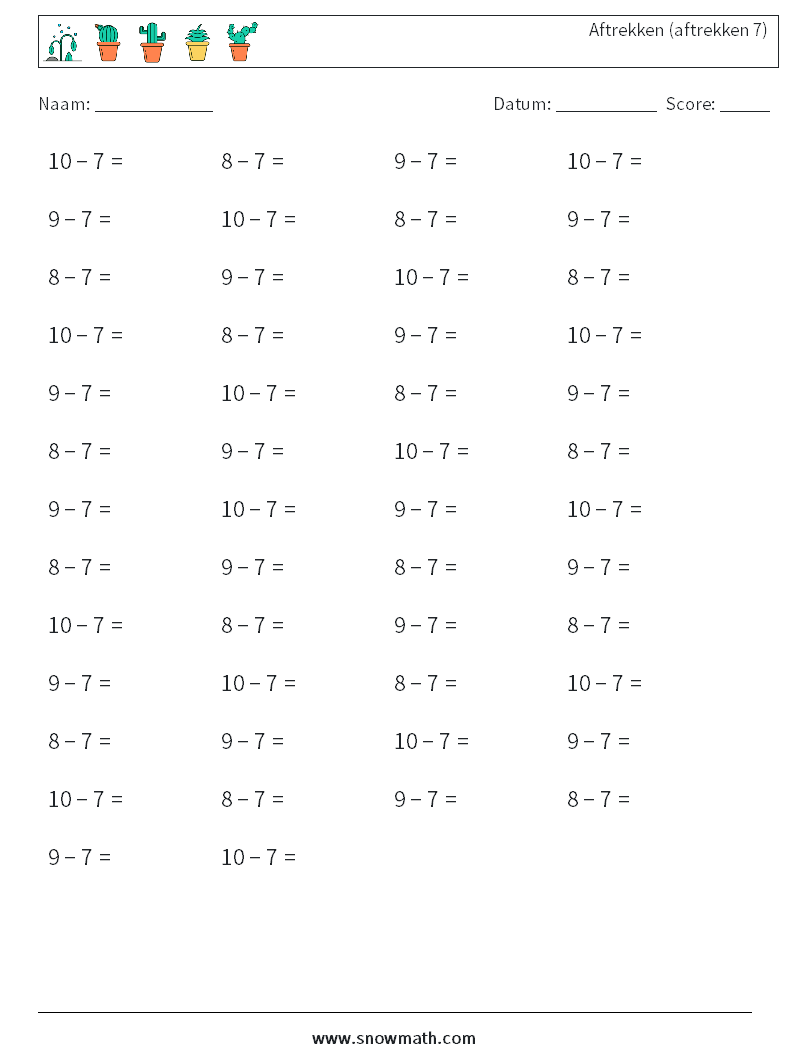 (50) Aftrekken (aftrekken 7) Wiskundige werkbladen 1