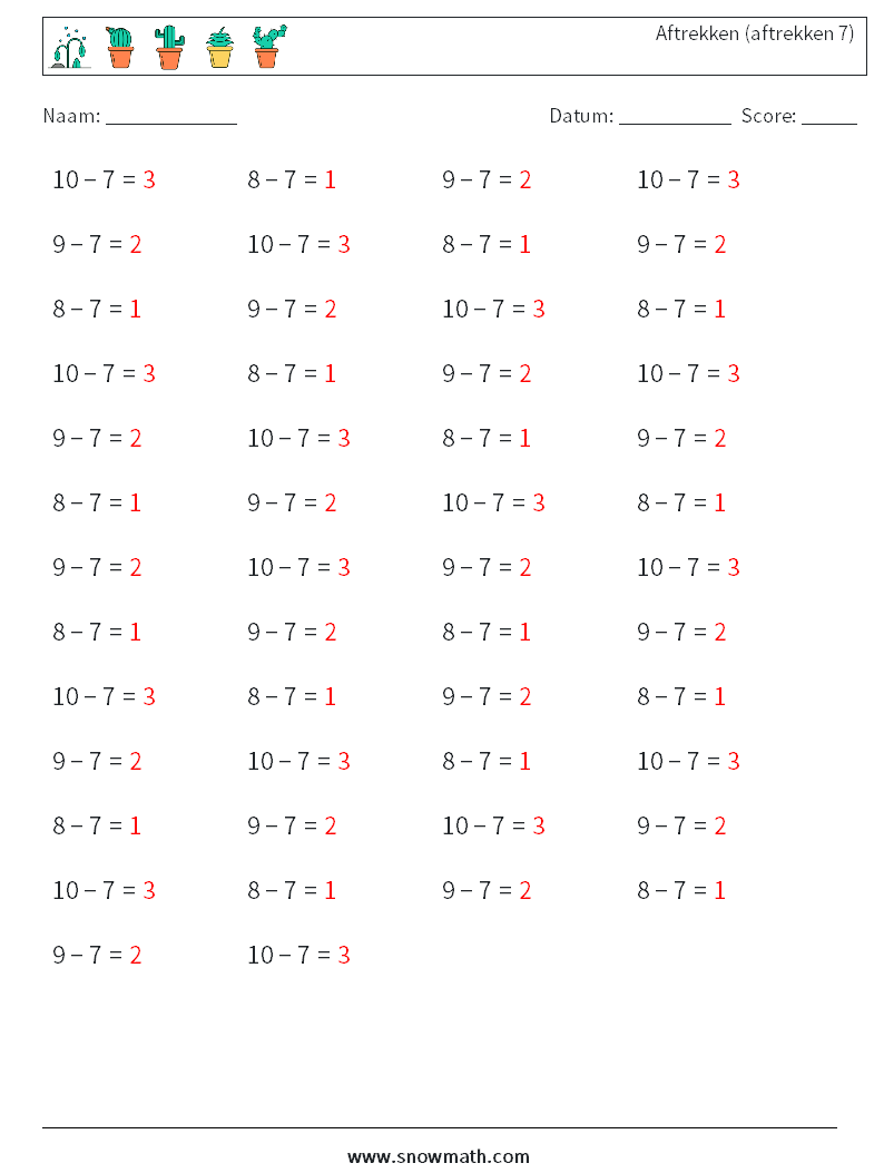 (50) Aftrekken (aftrekken 7) Wiskundige werkbladen 1 Vraag, Antwoord