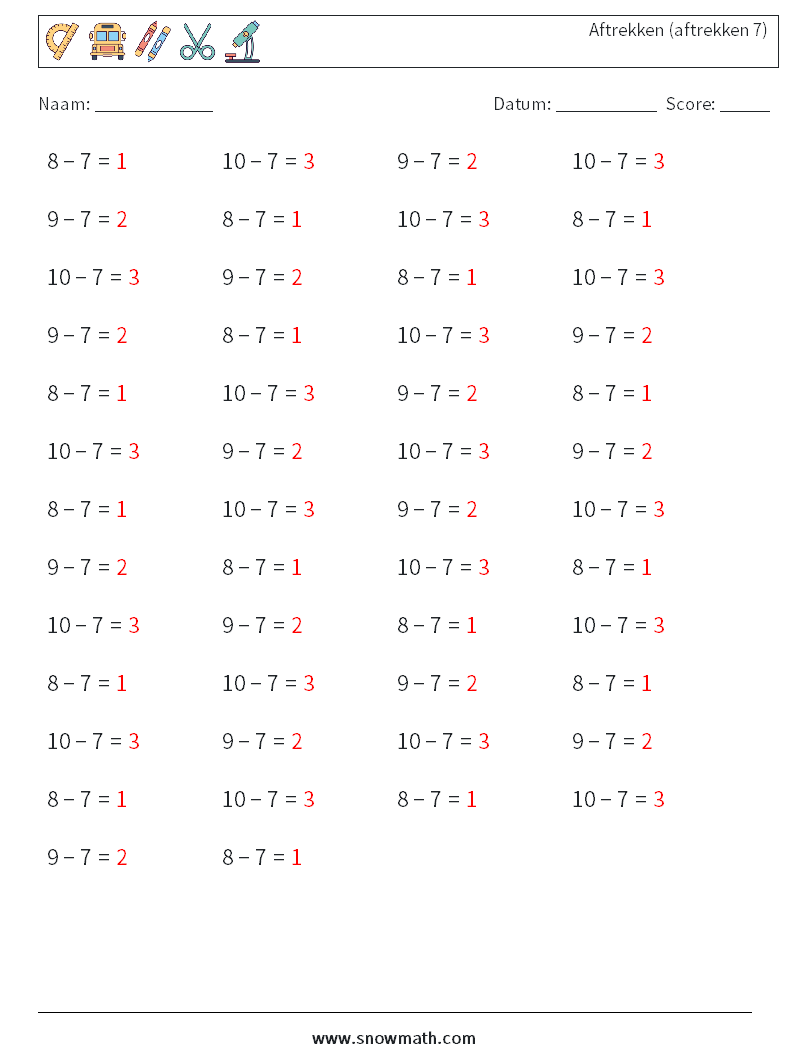 (50) Aftrekken (aftrekken 7) Wiskundige werkbladen 2 Vraag, Antwoord